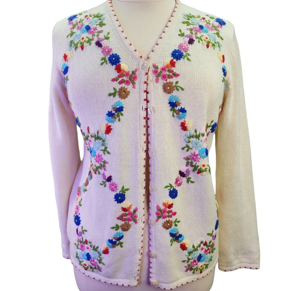 Haband! Sweater XLARGE ? Embroidered Button Up Cardigan Cottage Core Country MOM